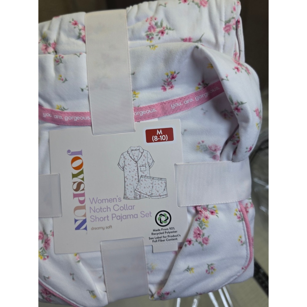 Joyspun Womens Notch Collar Short Pajama Set White Floral Pink M 8-10 2PC NEW - Picture 3 of 6